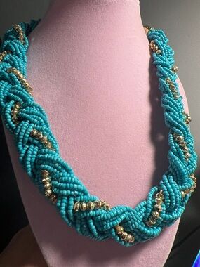 Braided Turquoise Bead Necklace with Gold Accents - Women Jewelry